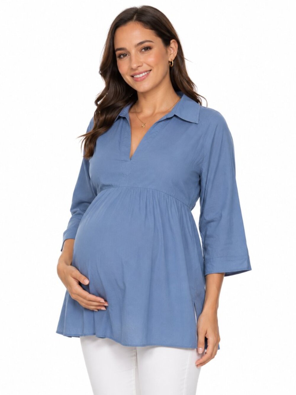 2/$30 Duo Maternity 3/4 Length V Neck Tunic Empire Waist Top Blouse Blue Sz L - Picture 1 of 9